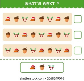 What's comes next educational game of cartoon christmas. Find the regularity and continue the row task. Educational game for pre shool years kids and toddlers