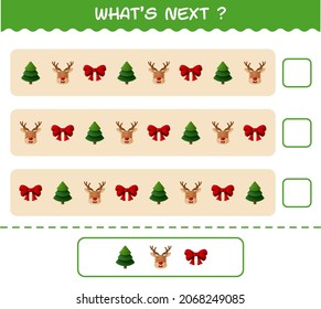 What's comes next educational game of cartoon christmas. Find the regularity and continue the row task. Educational game for pre shool years kids and toddlers