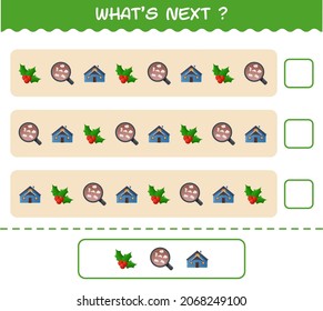What's comes next educational game of cartoon christmas. Find the regularity and continue the row task. Educational game for pre shool years kids and toddlers