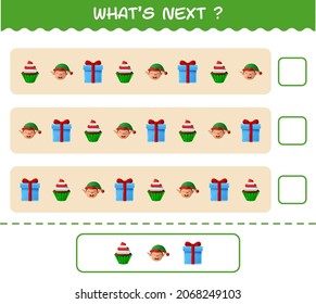 What's comes next educational game of cartoon christmas. Find the regularity and continue the row task. Educational game for pre shool years kids and toddlers