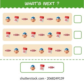 What's comes next educational game of cartoon christmas. Find the regularity and continue the row task. Educational game for pre shool years kids and toddlers