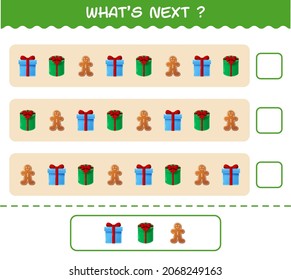 What's comes next educational game of cartoon christmas. Find the regularity and continue the row task. Educational game for pre shool years kids and toddlers