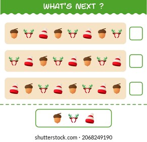 What's comes next educational game of cartoon christmas. Find the regularity and continue the row task. Educational game for pre shool years kids and toddlers