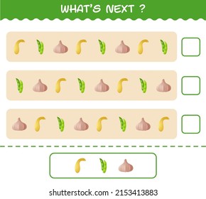 What's comes next educational game of cartoon vegetables. Find the regularity and continue the row task. Educational game for pre shool years kids and toddlers