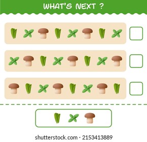 What's comes next educational game of cartoon vegetables. Find the regularity and continue the row task. Educational game for pre shool years kids and toddlers