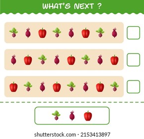 What's comes next educational game of cartoon vegetables. Find the regularity and continue the row task. Educational game for pre shool years kids and toddlers