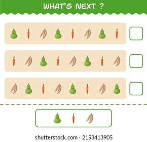 What's comes next educational game of cartoon vegetables. Find the regularity and continue the row task. Educational game for pre shool years kids and toddlers