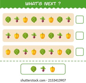 What's comes next educational game of cartoon vegetables. Find the regularity and continue the row task. Educational game for pre shool years kids and toddlers