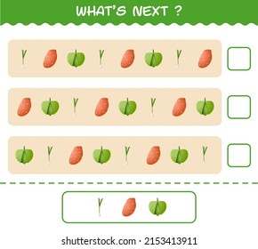 What's comes next educational game of cartoon vegetables. Find the regularity and continue the row task. Educational game for pre shool years kids and toddlers