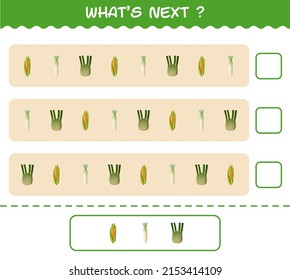 What's comes next educational game of cartoon vegetables. Find the regularity and continue the row task. Educational game for pre shool years kids and toddlers