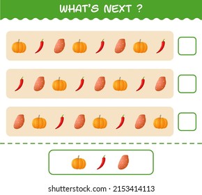 What's comes next educational game of cartoon vegetables. Find the regularity and continue the row task. Educational game for pre shool years kids and toddlers