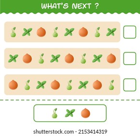 What's comes next educational game of cartoon vegetables. Find the regularity and continue the row task. Educational game for pre shool years kids and toddlers