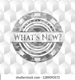 What's New? grey badge with geometric cube white background