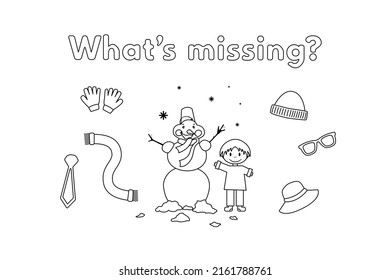 What's Missing learning game for small children - color and find clothes for cold weather. Vector coloring book pages for kids. Learning English language