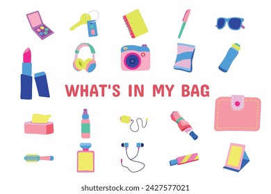 What's in my bag Flat Vector Illustration Icon Sticker Set Design Materials