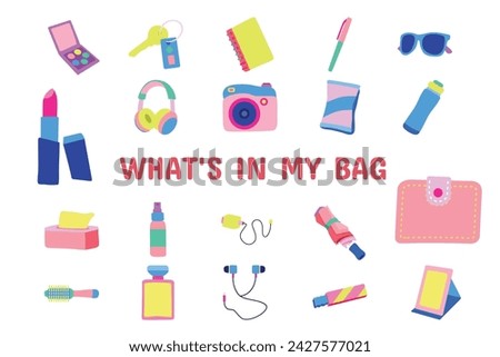What's in my bag Flat Vector Illustration Icon Sticker Set Design Materials