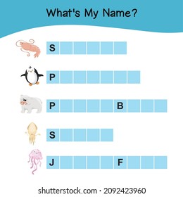 Whats my name worksheet. Cute Animal vector with guessing their name Worksheet. Educational activity for preschool kids. Preschool Education. Vector illustration.
