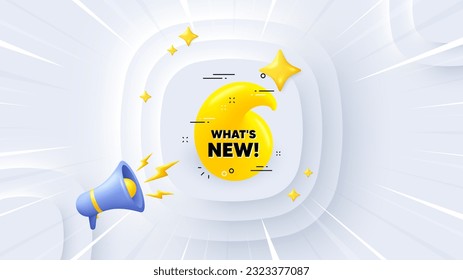 Whats new 3d bubble banner. Neumorphic offer 3d banner, poster. Realistic yellow chat label. Offer tag icon. Whats new promo event background. Sunburst banner, flyer or coupon. Vector