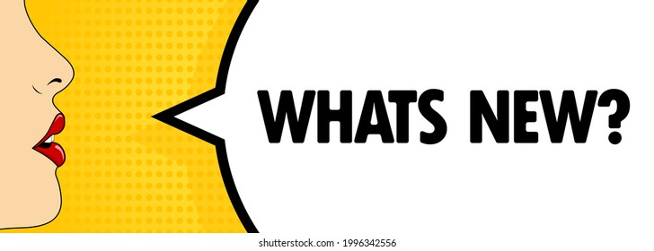 Whats new. Female mouth with red lipstick screaming. Speech bubble with text Whats new. Retro comic style. Can be used for business, marketing and advertising. Vector EPS 10.