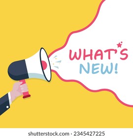 What's new  - Male hand holding megaphone. Loudspeaker. Banner for business, marketing and advertising. Vector illustration