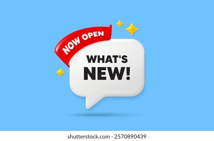 Whats new ribbon speech bubble. Now open flag ribbon. Whats new tag. Special offer sign. New arrivals symbol. 3d sparkle stars speech bubble. Vector