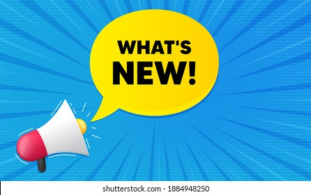 Whats new symbol. Background with megaphone. Special offer sign. New arrivals symbol. Megaphone banner. Whats new speech bubble. Loudspeaker background. Vector