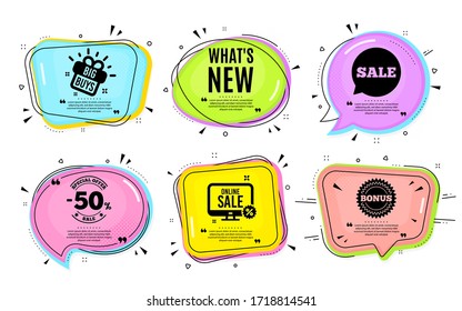 Whats new symbol. Big buys, online shopping. Special offer sign. New arrivals symbol. Quotation bubble. Banner badge, texting quote boxes. Whats new text. Coupon offer. Vector