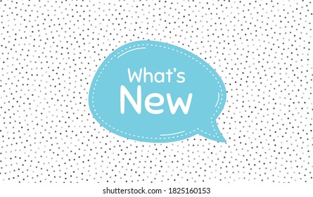 Whats new symbol. Blue speech bubble on polka dot pattern. Special offer sign. New arrivals symbol. Dialogue or thought speech balloon on polka dot background. Vector