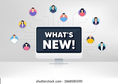 Whats new symbol. Remote team work conference. Special offer sign. New arrivals symbol. Online remote learning. Virtual video conference. Whats new message. Vector