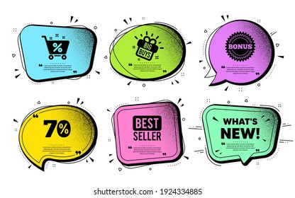 Whats new symbol. Speech bubble with dotwork vector. Special offer sign. New arrivals symbol. Quote speech bubble. Best seller, shop cart icons. Vector