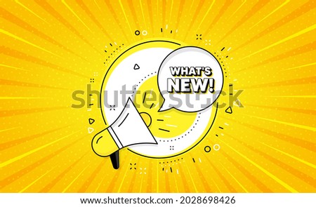 Whats new symbol. Yellow vector button with megaphone. Special offer sign. New arrivals symbol. Whats new line icon. Abstract yellow background. Vector