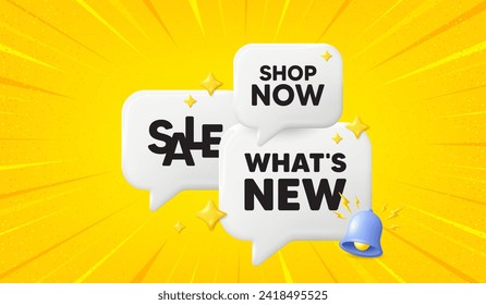 Whats new tag. 3d offer chat speech bubbles. Special offer sign. New arrivals symbol. Whats new speech bubble 3d message. Talk box banner with bell. Vector