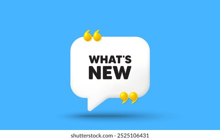 Whats new tag. Chat speech bubble 3d icon with quotation marks. Special offer sign. New arrivals symbol. Whats new chat message. Speech bubble banner. White text balloon. Vector