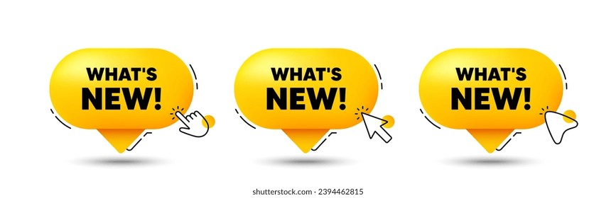 Whats new tag. Click here buttons. Special offer sign. New arrivals symbol. Whats new speech bubble chat message. Talk box infographics. Vector