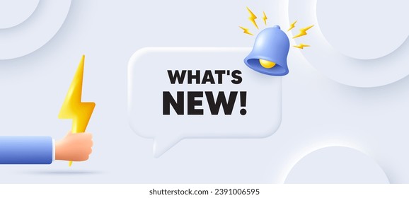 Whats new tag. Neumorphic background with chat speech bubble. Special offer sign. New arrivals symbol. Whats new speech message. Banner with energy. Vector