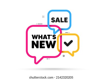 Whats new tag. Ribbon bubble chat banner. Discount offer coupon. Special offer sign. New arrivals symbol. Whats new adhesive tag. Promo banner. Vector