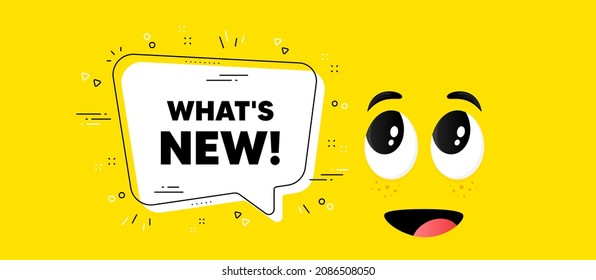 Whats new text. Cartoon face chat bubble background. Special offer sign. New arrivals symbol. Whats new chat message. Character smile face background. Vector