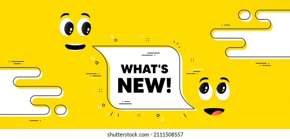 Whats new text. Cartoon face chat bubble background. Special offer sign. New arrivals symbol. Whats new chat message. Character smile face. Vector