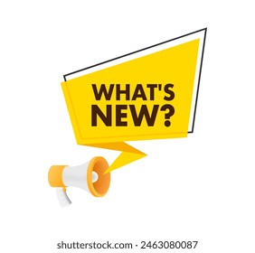 Whats new text with Megaphone label. Megaphone in hand promotion banner. Marketing and advertising.