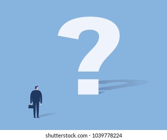 What's next concept.Big question mark on a way.Businessman in suit with briefcase faces an unknown open.Vector illustration Eps10 flat cartoon character designfor presentation web banner poster