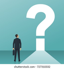 What's next concept. Big question mark on a way. Businessman in suit with briefcase faces an unknown open. Vector illustration flat design. Isolated on white background.