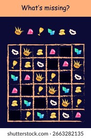 Was fehlt? Beobachtungsspiel. Vektorgrafik von Schatzobjekten auf dunkelblauem Hintergrund für Kinderunterhaltung, Aktivitätenbuch, Arbeitsblatt.