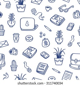 What's on my table deep blue ink seamless pattern