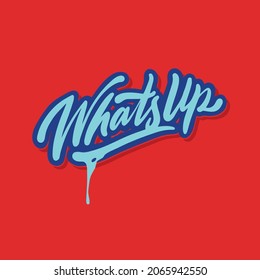 what's up?sticker for social media content.vector hand drawn illustration design.lettering collection.image of a blue font on a red background