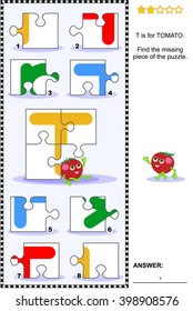 What's missing? Visual educational puzzle to learn with fun the letters of English alphabet: letter T (T is for tomato). Answer included.
