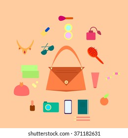 What's in a women's bag? Vector illustration.
