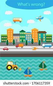 What's wrong  find mistakes and transport for children  fun education game for kids  preschool worksheet activity  task for the development logical thinking  vector illustration