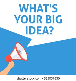 WHAT'S YOUR BIG IDEA? Announcement. Hand Holding Megaphone With Speech Bubble. Flat Illustration
