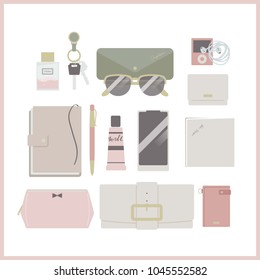 What's in your bag? Inside female bag for work. Wallet, cosmetic bag, keys, handkerchief, phone, pencil, diary, glasses, handcream, pass holder, business card holder. Isolated vector illustration.
