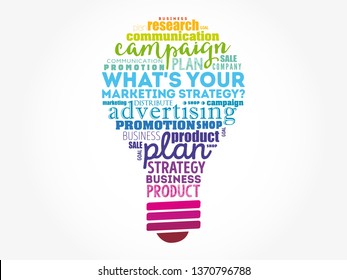 What's Your Marketing Strategy light bulb word cloud, business concept background